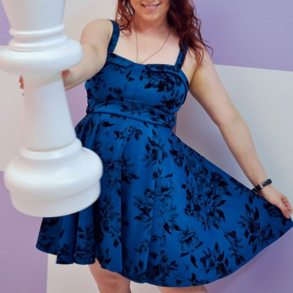 Ixia Deep Teal Classic Floral Velvet Burnout Empire Swing A-Line Pinup Dress